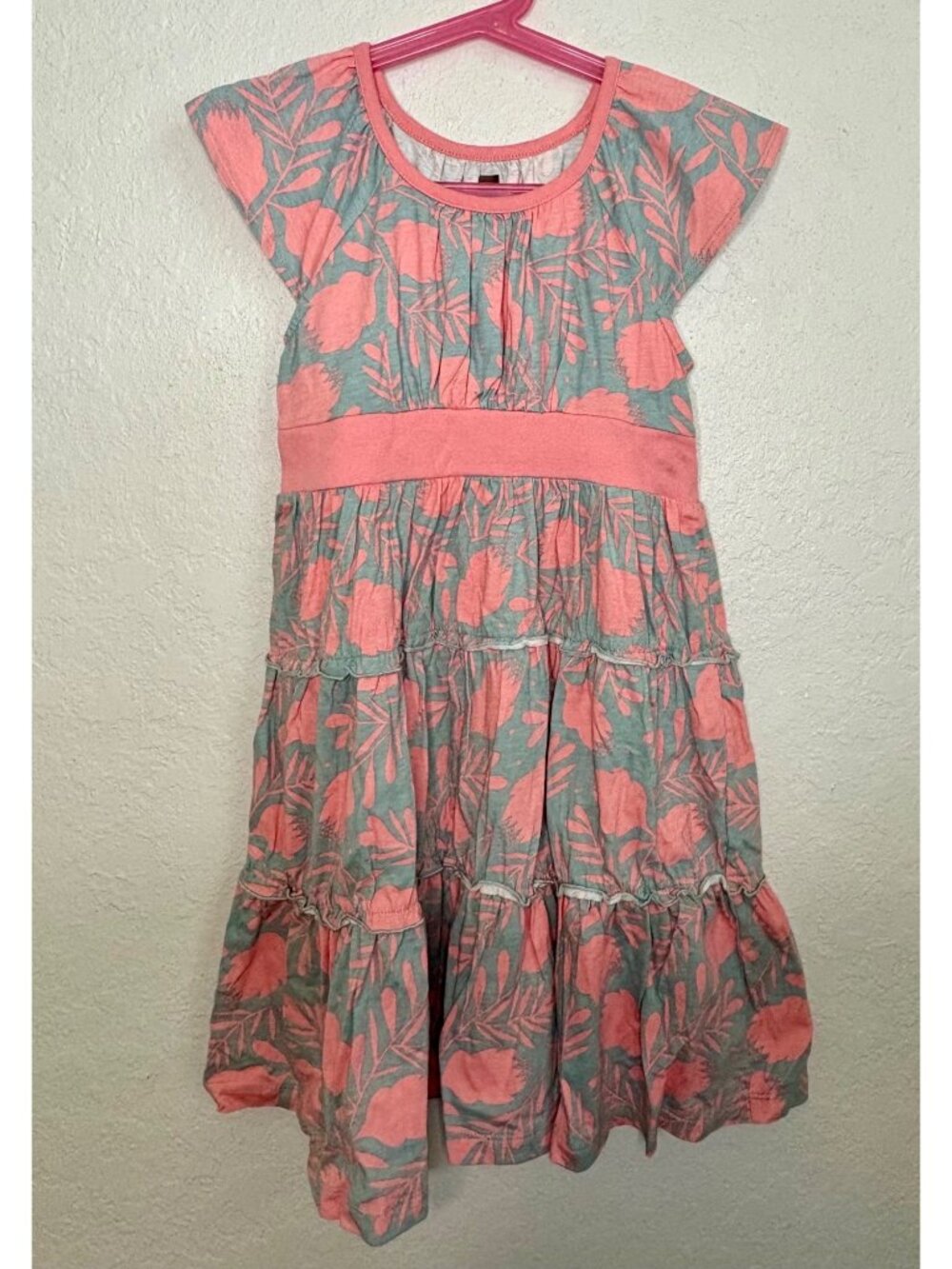 Tea Collection Girls Floral Tiered Dress Coral/Gray Cotton Size 6